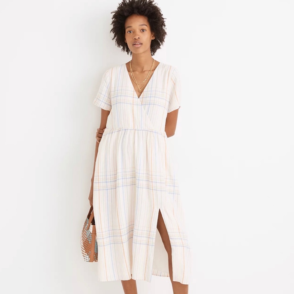 Madewell NWT linen blend Clara midi dress in plaid